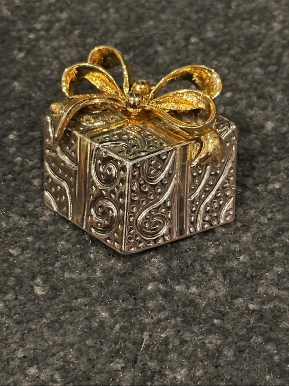 3D Ornate Silver Gift Box Pin and Necklace Charm with Gold Bow holiday jewelry